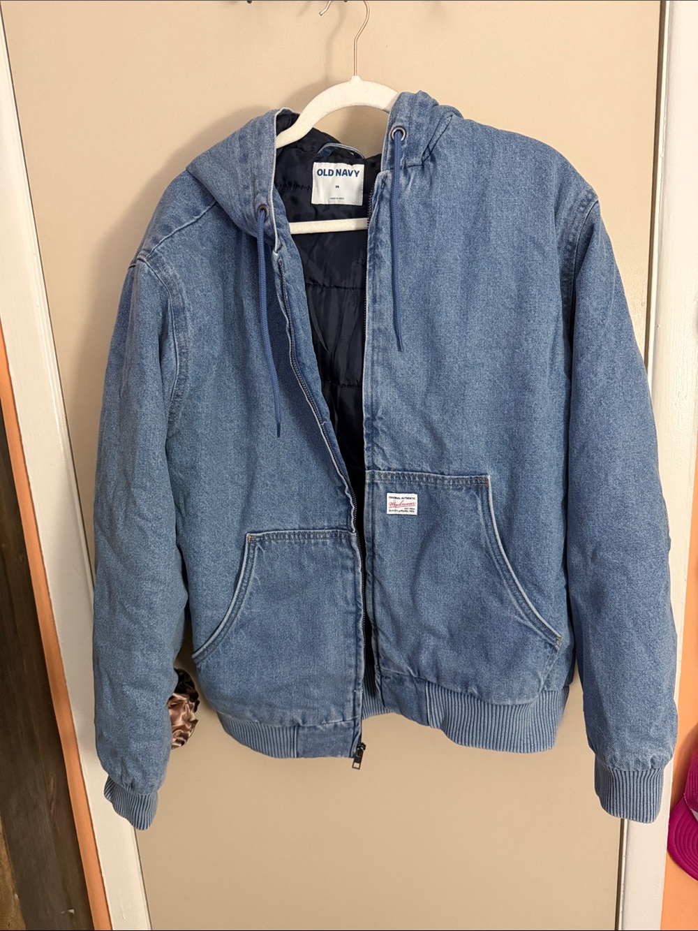 Old Navy Men’s Blue Hooded Denim Puffer Jacket
